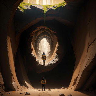 There is a person standing in a cave with a yellow jacket, chave ainda, upside down stranger things, Perdidos em uma caverna, stood in a tunnel, arte chave, horror 