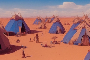 life of nomads, alien nomadic tribe living in tents in the middle of a desert, a slice of life scene, bright sunlight, full shot angle, comics style, insanely detailed, bright color palette, by Moebius