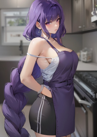 anime girl with purple hair and a blue top in a kitchen, seductive anime girls, anime moe art style, Misato Katsuragi, Marin Kitagawa fanart, (sfv) safe to work, In the kitchen, ilya kuvshinov with long hair, realistic anime artstyle, violet tight tanktop, thicc, attractive anime girls, she has purple hair
