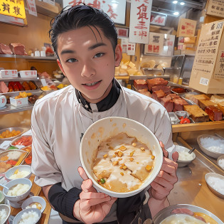 A person holding a bowl of meat-flavored tofu pudding, with a bill worth 666 yuan in front of them. The meat-flavored tofu pudding is fresh and tempting, with tender white tofu and rich ingredients, making it delicious in color, aroma, and taste , 32k, best quality, masterpiece, super detail, high details,