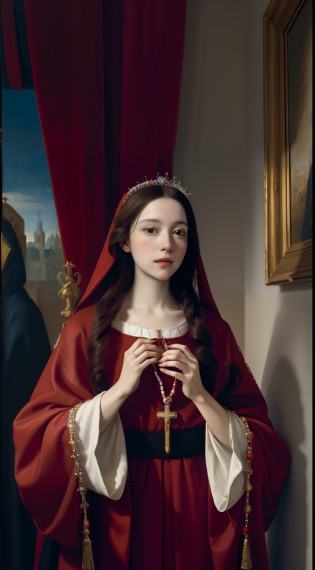 a painting of a woman in a red and white robe holding a rosary, virgin mary, inspired by Petrus Christus, portrait of virgin mary, by Petrus Christus, inspired by Geertgen tot Sint Jans, unknown artist, johannes vemeer, inspired by Mathieu Le Nain, majestic saint woman, masterpiece, zurbaran, dutch masterpiece