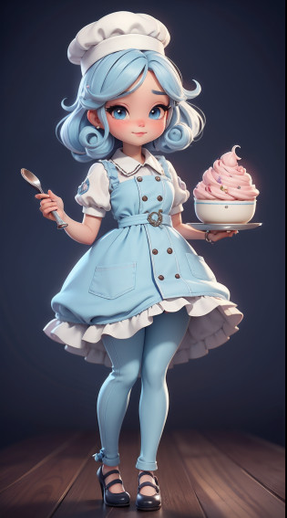 Create a series of chibi-style dolls with a cute pastry chef theme, each with lots of detail and in an 8K resolution. All dolls should follow the same solid background pattern and be complete in the image, mostrando o (corpo inteiro, incluindo as pernas: 1.5)

Boneca Mini Chef: Chame-a de Sophie. Ela deve ter cabelo curto e liso em tom de rosa ou azul pastel. Seus olhos devem ser grandes e expressivos, with long eyelashes and rosy cheeks. Sophie deve estar vestida com uma jaqueta de chef, striped pants and an ornate chef's hat. She should hold a wooden spoon in one hand and a bowl of cookie dough in the other. Certifique-se de adicionar detalhes nas roupas, such as buttons and pockets, sapato bonito

Certifique-se de adicionar sombras, texturas e detalhes nos cabelos, roupas, confectionery utensils and sweets from each doll, to make them even more adorable and charming.