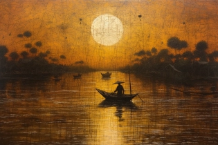 Men fishing on boats in the water at sunset