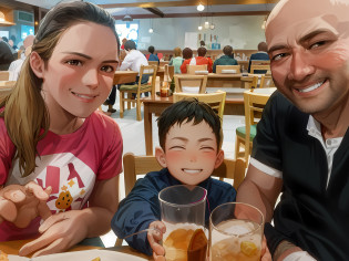 there are two people and a child sitting at a table with drinks, husband wife and son, family dinner, by N�ndor Katona, happy family, in the pub, jose miguel roman frances, family photo, yummy, kid, with a drink, with a kid, cheers, family, family friendly, little kid, by Alexander Fedosav