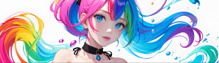 ?Pink fashion T-shirt?1.9???Colorful hair?1.8???Rainbow all colors?1.8??????Vertical painting?1.6)????painting of a?1.6??frontage?comic strip,illustration,painting of a,largeeyes,crystal-clear,?rainbow color gradient high ponytail?1.7?,Delicatemakeup,Keep one's mouth shut,(Small Fresh:1.5),(Bandeau:1.6),long eyelasher,White shoulder T- shirt, White Shoulder Shirt?looking at viewert?watery big eyes?with black background?(rainbow colour hair?1.6), color splash, ?solo?1.8?, color splash, color explosion, colour splash, color explosion, Thick lacquer style?Messy lines?((shining)) ?(colorful), (colorful), (colorful), colorful, Thick Paint Style, (Splash) (Color Splash), Vertical Painting, Upper Body, Paint Splash, Acrylic Pigment, Gradient, Paint, Highest Image Quality, Highest image quality, Masterpiece, Solo, Depth of Field, Face Paint, colorful clothes, (ellegance: 1.2), opulent, long whitr hair, ventania, (ellegance: 1.3), (petals: 1.4)?(((masterpiece))),(((Best quality at best))),((ultra�-�detailed)),(illustratio),(dynamic�angle),((floatking)),(Paintwork),((Loose hair)),(solo),(1girl) , (( (Detailed anima face))),((Beautiful detailed face)),collars,exposed bare shoulders,whaite hair,((The color hair)),((Striped hair)),Beautiful detailed eyes,(Gradient color eyes),(( ?Colored eyes???????coloured background???????high saturated???????Surrounded by colorful splashes????