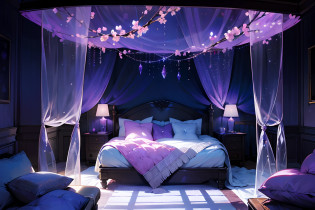 bed room, large bed, purple and colorful, moody lighting, fog, foggy, ethereal, crystals, glowing crystals, deep shadows, night, fluffy bed, apothecary, cherry blossoms, round bed, quilted bed, quilted blanket, large pillows on the bed, multiple large pillows on the bed, canopy, canopied bed, fur blanket, night time, starry night, moon through window, round pillows, fantasy theme, more crystals, dark, dark outside, darkness, night time setting, at night, lights off, midnight, at night, bedroom at night steeped in shadows, dark room covered in shadows and darkness barely lit by glowing crystals, glowing crystals being the only light source