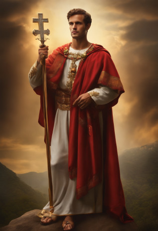 soldado romano segurando uma cruz escrita hoje. Foto realista. Catholic saint. Santo Expedito. Homem bonito, soldado bonito.