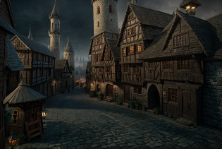 there is a very old town with a wizard tower in the background, medieval city background, gloomy medieval background, medieval town, realistic photo of a town, medieval city, medieval town landscape, highly detailed matte painting, 3d render and matte painting, a small medieval village, fantasy town setting, medieval village, a medieval city, matte painting with high detail, dramatic volumetric lighting, cinematic look, gaslamps