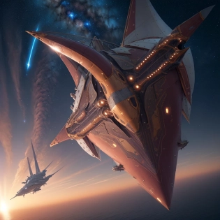 spaceship shaped like a metallic airship, flying over a reddish sea, close to the surface, night, stars in the sky, high detail, 4k, cinematographic lighting, wide shot, fantasy, digital art, photo, extremely detailed cg unity 8k wallpaper, high detail, photorealistic painting art by midjourney and greg rutkowski, matte, bryan organ