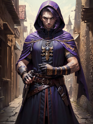(superfine illustration, Best Quality, Ultra-detailed, Correct delineation, Perfect fingers, Perfect hands, Medieval:1.5), (male assassin, solo, unapproachable vibe:1.5), surprise attack, smirk at viewer, (Assassin's Costumes, Assassin's Cloak, gloves:1.5), Midnight, town as background, male hair, Extremely short hair, Purple hair,
