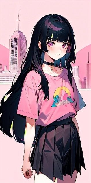 masterpiece, best quality, absurd res, 8k, flat colors, half-length portrait, female, black hair, long hair, blunt bangs, narrowed eyes, choker, baggy shirt, pleated skirt, city, city background, pink background:0. 4,