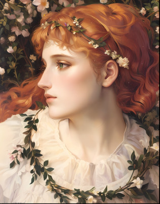 uma pintura de uma mulher com cabelos ruivos e uma coroa de flores, y pre-rafaelita, Pre - Beautiful Raphaelite, Pre-Raphaelite, Pre-Raphaelite oil painting, Pre-Raphaelite style, pre-raphaelitism, Pre-Raphaeliteism, persephone in spring, Pre - Raphaelite Painting, Pre-Raphaelite painting, Pre - Raphaelite