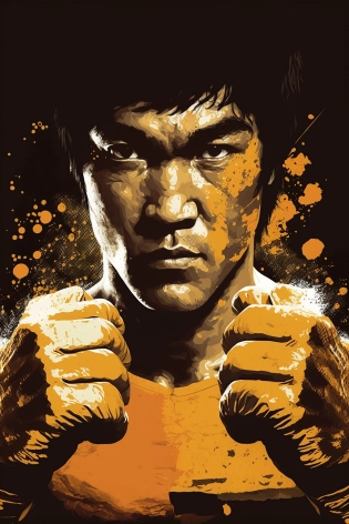 Bruce Lee in fists of fury, hands render --ar 2:3 --v 4