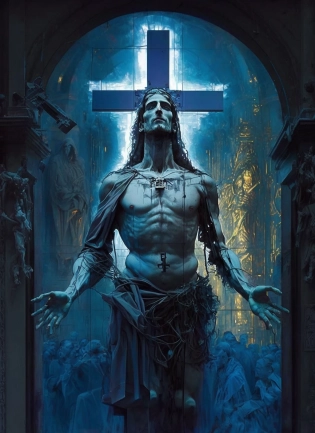 Out-of-this-world impressionist oil painting of an awe inspiring cyber Christ hanging from a techno cross ::5 The Jesus on the cross has intricate futuristic cybernetic implants, and faces a congregation exulting believers, who worship him. The crowd stands in adoration of Him, hands risen. Inside a huge futuristic techno cathedral ::4 The mood is futuristic, ceremonial, grandiose. Cyber punk, sci-fi, neo-futuristic. ::3 Dark ambience, light rays shine from the tall stained glass windows, volume lighting, dramatic lighting, cinematic lighting. Ultra wide shot, DOF. impressionist, oil on canvas, in the style of Claude Monet ::3 This an evocative representation of technology as the new faith of humanity, by showing people praying at the altar of technology to a techno Christ, in a traditional impressioniti style. ::2 --no wings, mockup, bad anatomy, text, signature, watermark, username, low resolution, worst quality, low quality, jpeg artefacts, blurry, cropped, badly framed --ar 5:7 --c 70 --seed 09493571 --s 600