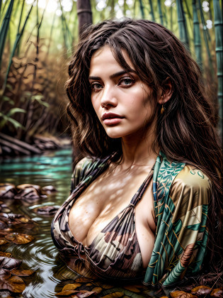 portrait of a brazilian woman, sunburnt ebony skin, extreme long light curly hair, jade eyes, fluffy turned, ((big cheeks)), bathing in the natural, wearing (flowery fabric, bamboo print fabric, candy print fabric, brown camouflage print fabric, desert storm print fabric) bikini in a deep river and transparent waters, only with the head and neck out of the water, between reeds, (backlit), realistic, (masterpiece:1.4), high quality, brightness, shadow, flower, [[chromatic aberration]], by Jeremy Lipking,  by Antonio J. Manzanedo, digital painting, Brazilian, 8k uhd, forest, river, wood, shadows, contrast, clear sky, style, (warm hue, warm tone)