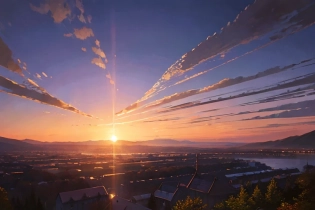 (masterpiece, best quality:1. 3)bare tree, building, bush, city, city lights, cloud, cloudy sky, dusk, evening, forest, gradient sky, hill, horizon, house, lake, landscape, mountain, mountainous horizon, nature, no humans, orange sky, outdoors, power lines, purple sky, red sky, scenery, sky, snow, star \(sky\), sun, sunrise, sunset, tree, twilight, water, (by Viktor Vasnetsov and Gyula Bencz�r:1. 3)