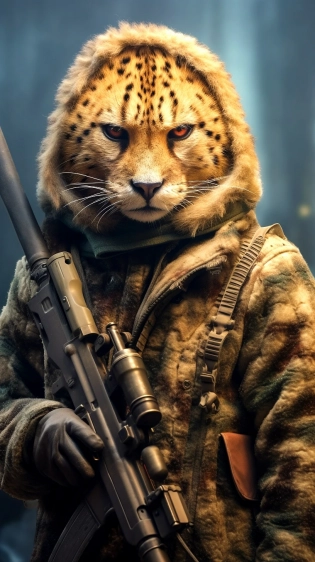 Clever cheetah wearing camouflage and sniper gear, holding a sniper rifle, anthropomorphic, super detail, ultra hd, 8k, real life, maximum facial detail, cinematic lighting --ar 9:16 --q 2 --s 750