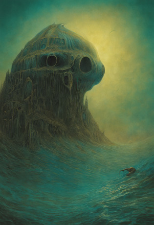 Mythological creatures, por zdzislaw beksinski, Van Gogh, Album cover art, Surrealismo, Futuristic ,underwater, mago, abstrair, Escuro, Landscape