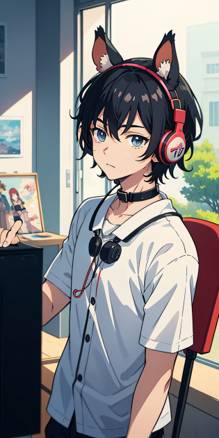 tmasterpiece? best qualtiy? NSFW? 1boy? (best qualityer:0.8), (best qualityer:0.8), Perfect anime illustration?Anime boy in white shirt, black cloaths?Landline headsets?Gray hair?Black color hair?Collar?Hair gradient?Anime boys?with headphones on, Anime moe art style, anime ears, Anime boy with hamster ears, ig studios anime style, High quality anime art style, in an anime style,