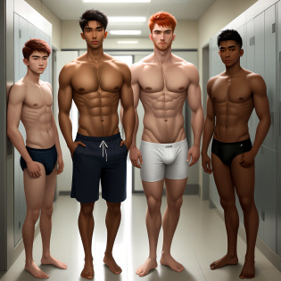 2 men, 1 10 year old Asian boy, 1 sexy 16 year old Indian teenager along with another red-haired man, his young physical education teacher, the teacher has a small beard, only the teacher has hair on his chest, the teacher is 22 years old, only the teenager and he teacher alone, hyper-realism, real person, realistic, ultra high definition,  high resolution, both naked, both with firm and sexy breasts, with a square face, wavy short hair, brown eyes, very brown skin with teenage hair, fair skin the confident and mischievous teacher, no backlight, alone in the men's locker room in high school, teacher taller than teenager, doing rude pose, frontal, full-body shot,  male figure, underwear, sexy, seductive, tanned, bubble bath