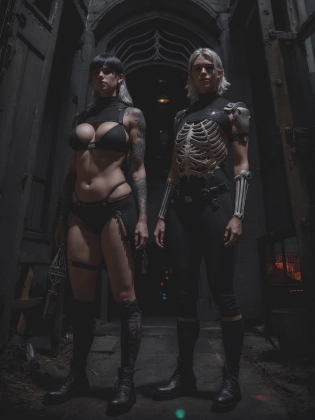 (Canon DSLR, Hasselblad, Nikon, Fujifilm, Kodak, RAW Photo, 300mm lens, ultra-wide angle, outdoors, full body couples portrait, fashion shoot, runway model, professional photo shoot, studio lighting, set in a lush forested solarpunk ruined skyscraper in a post-apocalyptic city, a college aged amateur couple in a casual pose, a boy and a girl who are both emo Caucasian white and norwegian, the girl is an alt girl pawg with a big ass and beautiful thick and round thighs with long wavy white hair hair and thicc and chubby with mascara and eyeliner, hairy armpits, the guy is handsome and muscular with a hipster dyed black haircut, they both look happy and confident, their hands are are in their pockets, :1. 4), (wide hips:0. 95), (natural C cup breasts:1. 1), (freckles, peachfuzz:0. 9), pale white realistic skin, skin pores, (mole:0. 8), looking at viewer, they are both wearing matching Kryptic Key outfits featuring a hanfu gothic industrial style in the darkest black fabric crafted from organic hemp fiber and featuring an asymmetric cut that's a nod to cyberpunk nonconformity, (Down the arms vibrant neon embroidery outlines intricate gothic arches symbolizing doorways to hidden knowledge, Across the front of the top is a large skeleton key embroidered in metallic silver thread acting as a cryptic centerpiece:1. 4), they are also wearing Black straight-cut jeans made from a blend of hemp and recycled synthetic fibers with additional panels of material sewn into the thighs and knees invoking an industrial worker's uniform with the hems left raw, they are also wearing silver pendants in the shape of a skeleton key on a black silk cord and heavy black boots with visible steel tips and key embossed silver buckles with vibrant neon shoelaces, (realistic and beautifully detailed eyes:1. 0), (HDR, bokeh, soft black vignette:1. 1), (masterpiece:1. 1), (intricate details:1. 1), (300mm, wide angle, Raw photo:1. 1), masterpiece, <lora:LowRA:0. 4>, <lora:detailmaker:0. 7>, <lora:Sharpness_Tweaker_V3:0. 17>, <lora:Saturation_Tweak:0. 2>, <lora:Brightness_Tweak:-0. 088>, <lora:FilmG3:0. 1>