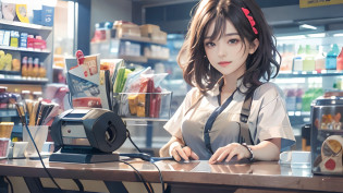 masutepiece?A high resolution?The convenience store of the future?Convenience store clerk?30-year-old girl??Female shop assistant?Looking at the camera?ssmile?The completion is as shown in the image?Cash register and beauty?Fair and beautiful skin?Short and beautiful hair?inner colored?Hair should be tied in the back?