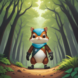 cartoon illustration of a cyborg squirrel standing in a forest, cute forest creature, 3 forest creatures, official illustration, children's book illustration, cute storybook illustration, children's book illustration, children's book illustration, children's book illustration, anthropomorphic beaver, children's book illustration, history book illustration,  colorful children's book illustration