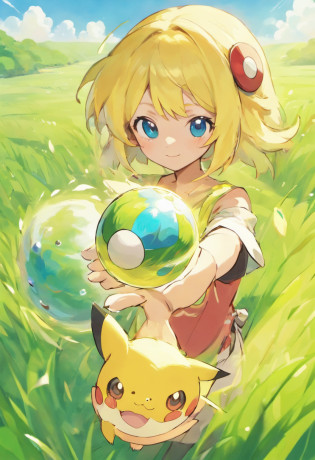 varias personas,Holding the Pok� Ball in your hand, barco, (one piece), anime, Have a Pok� Ball, poner las manos en la cadera, pokemons, grass, sky