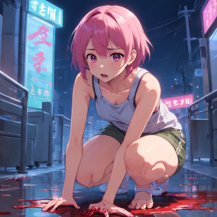 Girl with pink hair holding on to her stomach, Looking at the camera in surprise, Blood oozes from under his hands, Kneeling, blood comes from the mouth, Surprise and pain, is looking at the camera, latex tank top and shorts, bullet wound to the abdomen, Blood gushes from his mouth and wounds on his stomach, Young girl killer dies on her knees, gloomy atmosphere, Cruelty, bloods, Snuff Video, blood splatters from the mouth, surprise and pain on the face