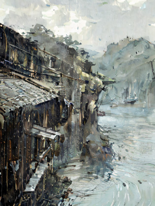there is a boat that is traveling down the river in the rain, dreamy Chinese towns, author?Shi Rui, author?Cheng Zhengkui, author?Zou Zhe, author?Ji Sheng, author?Xie Zheng, author?Li Zai, author?Han Gan, rainy scene, author?Ann Text, author?Zhang Yin, author?Li Meishu, author?Gu An