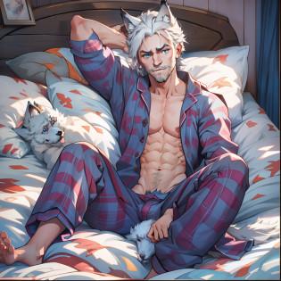athletic Male with light beard, has flowing white hair, has wolf ears, has wolf tail, shirtless, playful, solo, alone, has goofy look on his face, has bright blue eyes, wearingg plaid pajama pants, relaxing on a bed, sleepy