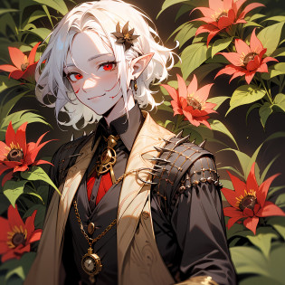 young man, (((male))), (((man))), (((one person))), single, solo, (((white colored hair))), (((red colored eyes))), ((blood red colored eyes)), (medium short hair), (((grey colored skin))), wavy hair, slim figure, ((flat chest)), ((wearing fantasy clothes)), fantasy style, (((wearing flowers in his hair))), ((flowers in hair)), ((pointy ears)), ((spiderlily flowers)), (sunny weather), smiling, dark red colored flowers, thorns, spikes, warm light, gold colored details, undead, (happy), (cute face), black colored blood, black ink, pocketwatch on a chain