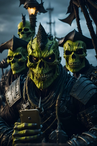 orc crew taking a selfie:award winning photo of a skeleton pirates on a pirate ship, rainy storm, golden hour:0. 25, RAW photo, 8k uhd, dslr, soft lighting, high quality, film grain, Fujifilm XT3
