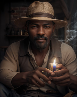 Crie uma imagem hiper realista de um homem velho afrodescendente, 100 anos, olhos brilhantes, cansados e triste, pele negra, barba grande e volumosa branca, cabelos  branco, roupa branca , Cord of seeds and teeth of animals around the neck, sitting on a small barefoot wooden bench. The decoration should be of antique brick wall with several lit candles, with candlelight lighting. Several candles lit on the floor, with a lot of smoke in an intimate and religious environment. Use a Sony A7 III camera with an 85mm lens at an aperture setting of F 1.2 para desfocar o fundo.  Richness in the features of the face, boca e olhos. Crie uma imagem ultrarrealista que captura a beleza natural e a personalidade, dramatic lighting, ..............................................3d, VFX, 9:16 cinematic lighting, Estilo Phock, Estilo UltraVector, hyper realistic, cinemactic, Ultra High Definition, HDR, cinemactic, Realistic, precision detailed (moldura para foto) cintura), imagem central, Estilo, bioluminescente, tamanho real 8, 8K resolution