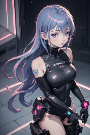 closeup, 1 girl, alone, [dark blue and pink hair: blue and pink hair:0.2], cyberpunk, high tech, V, mechanical parts, looking at audience, black eyes, long hair, luminous laser female super tech jumpsuit, cyberpunk mechanical body parts, with tattoos, interior, luminous laser earrings. high contrast, night, black, [freckles:0.9], reflective transparent rainbow, long hair, breasts, white skin most beautiful Korean woman's face, seductive expression, (relaxed pose: 1.5), eva, complex background, Sony a6300, extremely beautiful and gorgeous anime illustration, with cinematic perspective?(relaxed pose: 1. 5), eva, complex background, Sony a6300, extremely beautiful and gorgeous anime illustration with a cinematic perspective.