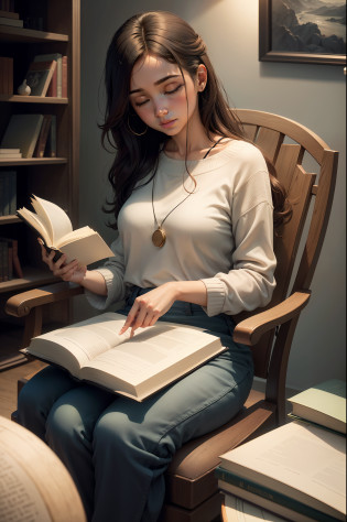 Uma cena serena e envolvente de uma pessoa imersa na leitura de um livro. She's sitting in a comfortable armchair, with the open book in your hands, completely focused on the pages before you.

The lighting is soft and cozy, creating a tranquil and conducive atmosphere for reading. Ao fundo, You can see a bookshelf full of books, evidencing the love for reading and the habit of getting lost in different stories and knowledge.

The person is dressed in a relaxed and relaxed way, reflecting the sense of comfort and pleasure that reading provides.

The scene conveys a sense of calm and contemplation, showing that reading is a special moment of connection with oneself and with the content of the book.

The image is represented in a photographic style, Using a professional camera with 50mm lens to capture the sharpness of the details of the book and the person's expression when reading. The photo is carefully framed, highlighting the serenity and dedication of the person in the reading activity.

This representation of reading a book conveys the idea that reading is a way to enrich knowledge, expandir horizontes e se desconectar do mundo exterior por um momento. The scene emphasizes the importance of reading as an enriching and pleasurable habit, que permite viajar para outros mundos e aprender com diferentes perspectivas.