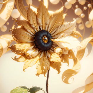(((??))), Best quality, Ultra-detailed, Extremely delicate, pure and bright ivory and gold color,  with golden and shiny metallic accents, brilliant and rich hue, delicate and bright floral patterns,  emphasizing the theme of luxury and elegance, a reinterpretation of the traditional East-meets-West style, complemented by a joyful and vibrant sunflower?IvoryGoldAI