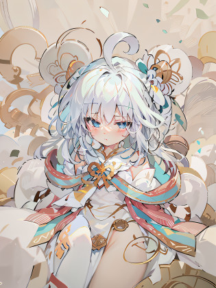 Anime - Style drawing of a girl with a bow and flowers in her hair, small curvaceous loli, Soft anime illustration, Splash art anime Loli, Loli, white-haired god, ribbon in her hair, lovely art style, offcial art, small loli girl, anime moe art style, Ribbons and flowers, zerochan art, and the sun was shining brightly?Light and shadow in detail