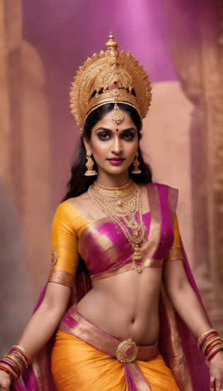 Best quality, Master part, ultra-high-resolution, (Realistic Photography:1.4),Brown-skinned Indian cybernetic humanoid goddess ,surrealism, Similar to a dream, fusionart, Mystical humanoid Indian goddess, Black Ethereal Magic, Control of humanoid dreams, Cyberfurtivit�, Shadow height, Sorts de machine sombre, Lame de rasoir en cristal,A hyper-realistic close-up portrait of the Hindu goddess Amba, Rayonner la puissance divine. Elle a un visage exquis avec une peau violette sereine. Its four arms are adorned with opulent golden bracelets dotted with rubies, Emeralds and sapphires that look real. Deux mains tiennent un sceptre trident en or brillant. It is draped in layers of emerald, Silk sari fabrics with fuchsia and saffron patterns that cover her body except for her face, Doigts et mains. An orange halo shines brightly behind his head. A majestic male lion with fluid, The pinkish golden mane sits quietly next to her as her vahana. The background is a heavily targeted Hindu temple interior with intricate yellow marble columns and arcades. Lighting perfectly illuminates the vivid colors and precise details of the goddess