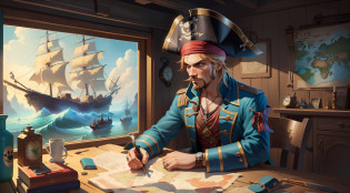 cartoon illustration of a pirate ((looking at a map on the table)), in a room with a table and chair, pirate, pirate swashbuckler class, on a pirate ship background, pirate scenery, pirate captain, stylized digital illustration, pirate theme, game illustration, pirates, 2d illustration, 2d illustration, a pirate, background art, flat illustration, 2d digital illustration,  Digital Illustration, (Children's Book Style) -- v6