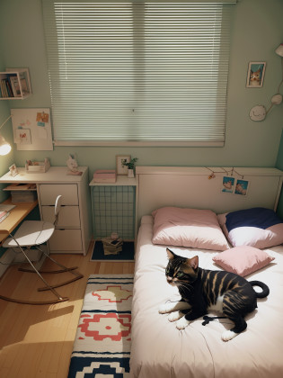 There is a bed in the bedroom?There is a kitten on it, Small room, cute room, cozy room, apartment of an art student, small room in tokyo, small bedroom, clean room, in small room, small and cosy student bedroom, studyng in bedroom, designed for cozy aesthetics!, a room, cozy environment, A bright room, 9 0 s bedroom