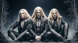 best quality, ultra high resolution, (photorealistic: 1.4), THREE men LONG BLONDE HAIR, a closeup .leather jackets, sitting, heavy metal 1981, new wave of british heavy metal, black metal aesthetic, thrash metal, doom metal, photo documetallism, black metal, rococo black metal, heavy metal style, megadeth, death metal, they sit next to a pile of bones,  Black Metal Style
