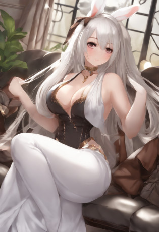 ass, sitting, solo, behind, , panties, butt focus, wide hips, anime girl with long white hair and rabbit ears, rabbit ears girl, solo, seductive anime girl, very beautiful anime rabbit girl, cute anime rabbit, cute anime rabbit, white haired deity, cute anime rabbit, perfect anatomy, tanned skin, big breasts, big thigh, slim body.  , Rabbit humanoid,white hair, skin tan ,1girl, hairlong , HDR, Volumetric Lighting, octane rendering, 8k, ultra high definition, female hourglass body, sweaty, sexy positions, different types of sexy dresses, big breasts, big hips, full body image, Big thighs, from below, Big breast, big ass, thicc, perfect fingers, pefeiro body, perfect legs, perfect arms.