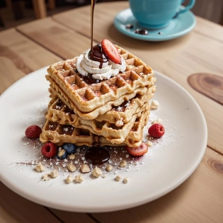 RAW photo, waffles, <lora:foodphoto:0. 8> foodphoto, dslr, soft lighting, high quality, film grain, Fujifilm XT