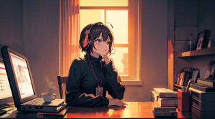 Anime girl with headphones sitting at a table with a laptop, lofi girl, lofi artstyle, lofi art, lofi vibes, lofi feel, lofi hip hop, lofi, chillhop, lofi girl aesthetic, lofi portrait, lofi vibe, lofi colors, anime vibes, lofi aesthetics