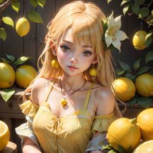 ?Bright lemon beauty?Titled?Let's draw an illustration of a lemon drawn like a human woman?

Specific images include?:?Garnish the head with lemon?It might also be a good idea to depict a woman in a bright outfit that incorporates lemon shades.?pure?Lemons and Related Accessories?NP?Lemonseed motif necklace and earrings, etc.?In your design?In the background?If you draw a lemon tree or flower?It creates a greater sense of unity?