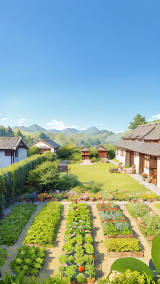 Chinese village house style in the 80s?Rural cottage?The front yard is a vegetable garden?It is full of vegetables and melons?with a garden, above lush garden and hot spring,soothing and cozy landscape, cozy and peaceful atmosphere, wonderful masterpiece, cottagecore!!, Peaceful environment, Lush surroundings,lush garden in the background, Inspired by the digital paintings of Guido Borrell da Caluso, deviantart contest winner, naive art, soothing and cozy landscape, idyllic cottage, , tomas kinkade.? peaceful scene?Works of masters?Anime background art?ghibli studio art?