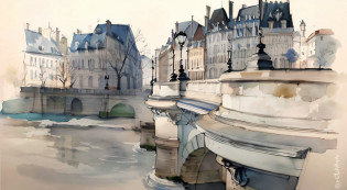 Arafed view of a bridge with a clock tower in the distance, pintura a tinta europeia moderna, architectural painting, tinta e lavagem, estilo de pintura em aquarela, Aquarela detalhada, Directed by: James Paterson, Desenho em aquarela, lavagem de tinta e aquarela, arte detalhada em aquarela, Arquitetura francesa, pintura de lavagem de tinta, Directed by: Louise Abb�ma, high quality architectural art, Aquarelas de alta qualidade