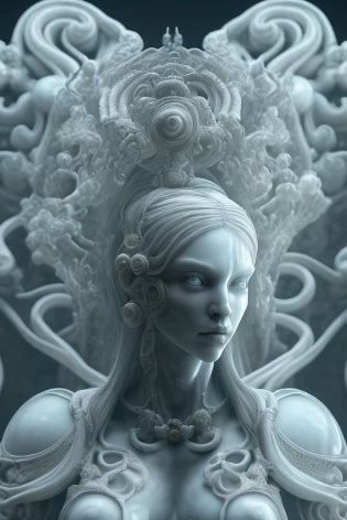 highly detailed marble and jade sculpture of a female necromancer, volumetric fog, Hyperrealism, breathtaking, ultra realistic, unreal engine, ultra detailed, cyber background, Hyperrealism, cinematic lighting, highly detailed, breathtaking , photography, stunning environment, wide-angle, [cgi, 3d, doll, octane, render, bad anatomy, blurry, fuzzy, extra arms, extra fingers, poorly drawn hands, disfigured, tiling, deformed, mutated]