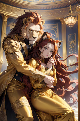 (absurdres, highres, ultra detailed), extremely detailed CG unity 8k wallpaper, intricate details, (style-swirlmagic:1.0), Beauty and the Beast, 1woman and 1man, the beast hugging beauty woman form her back, ((1woman is mature female, wavy long hair, auburn hair, coral eyes, bangs, long sleeves, finely detailed eyes and detailed face)), ((1man is brave Lion beast face, golden gown, half-pants, masucular beast body)), detailed background, detailed face, (gothic dark ages theme:1.1), dynamic pose, earth themed clothes, floating in the air, golden dance hall background,